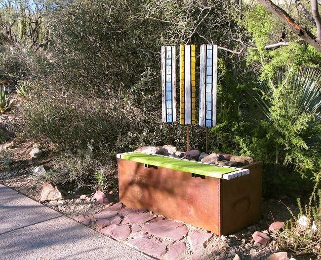 Bench with habitat for bees and lizards - AZ Sonora Desert Museum